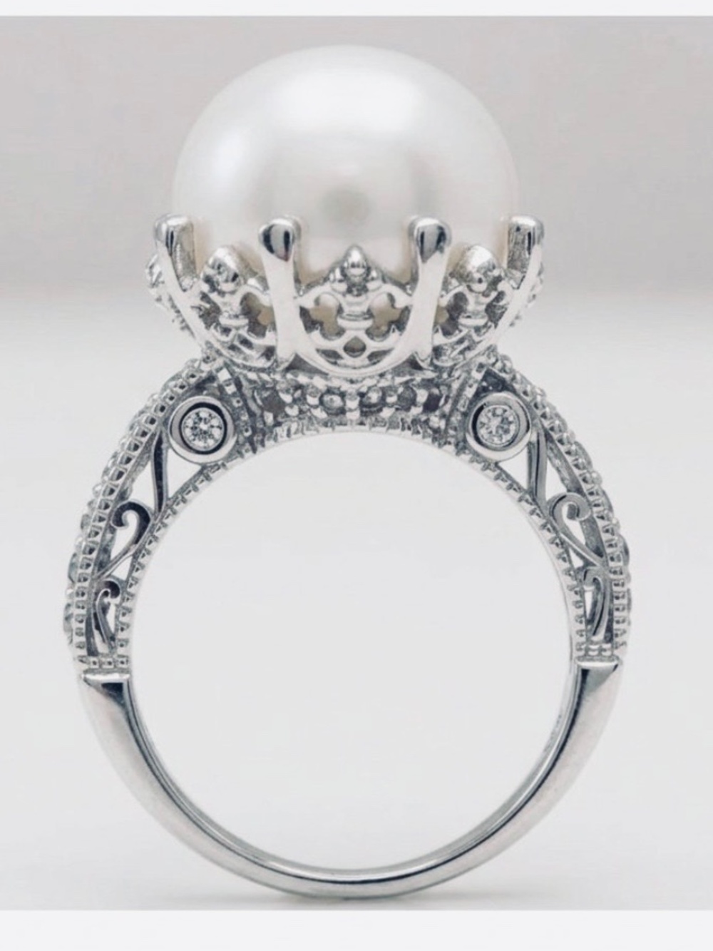 👑 Imperial Pearls Sterling Silver White Cultured Pearl Zircon Crown Ring